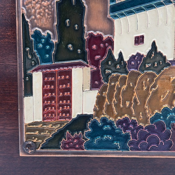 Vintage Handmade Greek Aethra Enameled Copper Wall Hanging with Wooden Frame - Picture 2 of 11